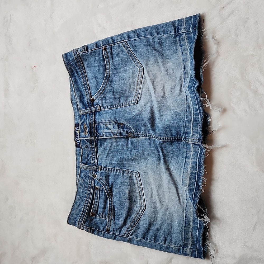 Angels, Y2K Vintage Mini Jean w Fade, and Back Pockets, Distressed Denim Skirt